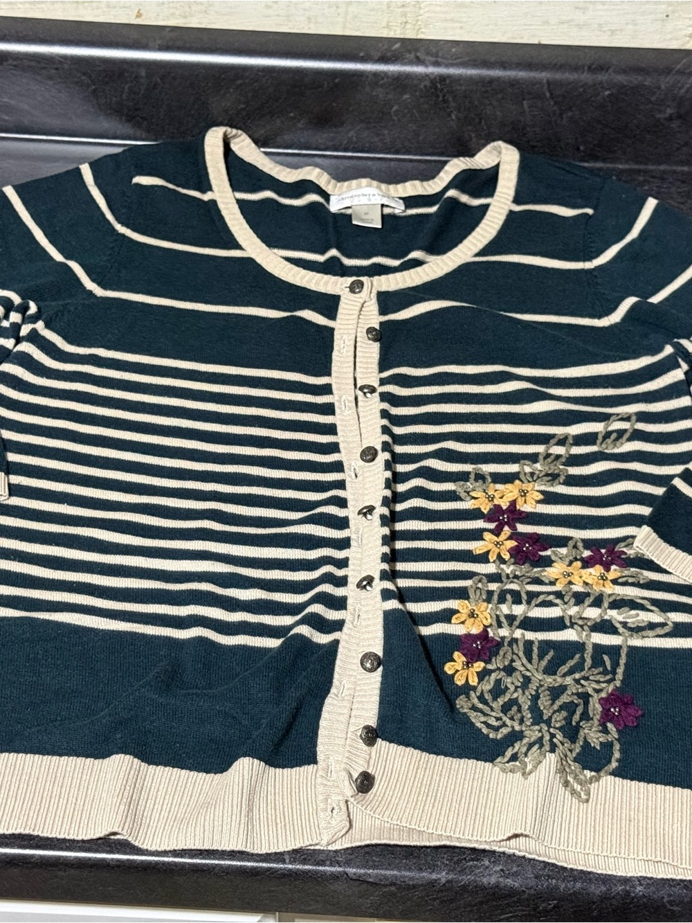 Christopher And Banks Striped Embroidered Floral Cardigan Women's M Grannycore